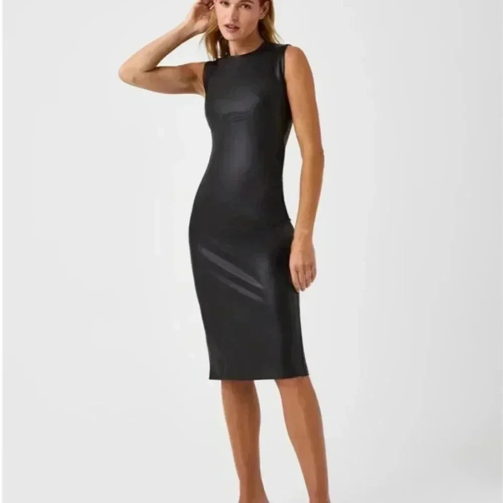 NEW Spanx Leather Like Sleeveless Sheath Dress‎ Black  Women’s Size large NWT